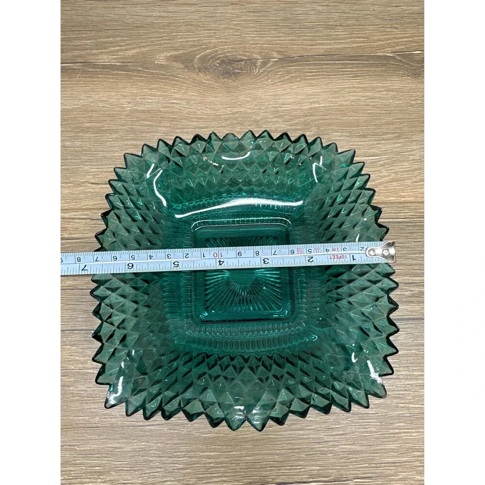 Vintage 1960s Indiana Glass Diamond Point Ruffle Edge Teal Candy Dish, 7 Inches